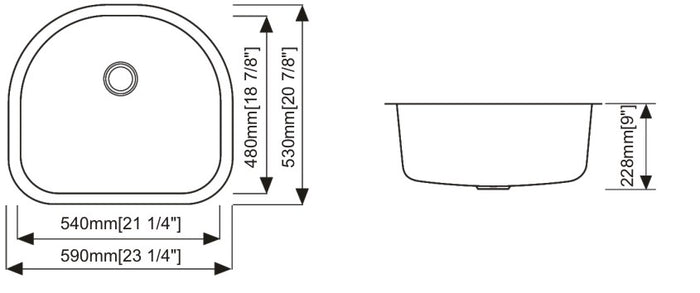 Single Corner Undermount Sink 18G 23"x21"x9"