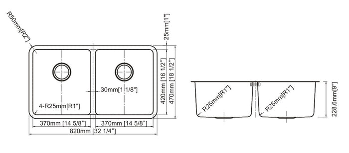 Double Undermount Sink 50/50 18G 32" x 19" x 9" R25mm