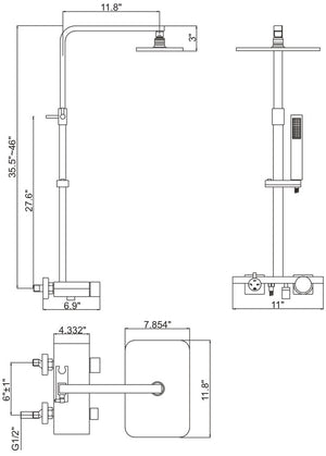 Shower system with retangular rainfall shower head Chrome