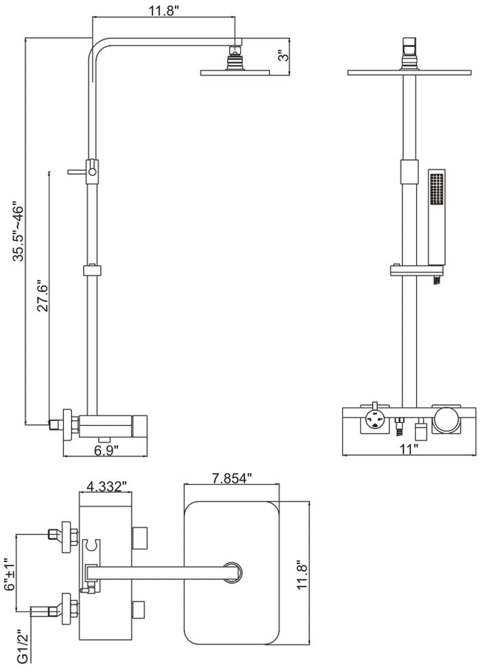 Shower system with retangular rainfall shower head Chrome