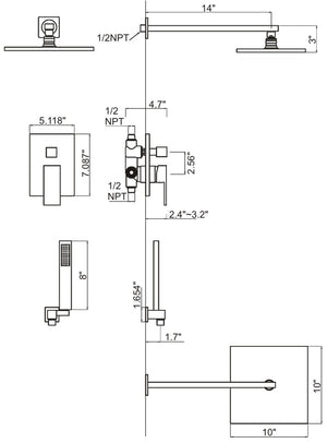 Concealed Shower system with 10" square rainfall shower head Brush nickel