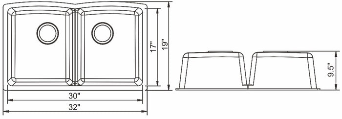 Double Granite Sink 50/50 32"x19"x9.5" Black