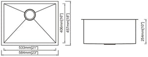 Single Handmade Sink 16G 23"x18"x10" with Grid and a Strainer R10mm