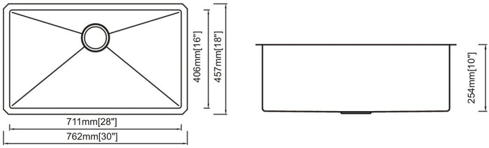 Single Handmade Sink 16G 30"x18"x10"  R10mm