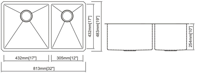 Double Handmade Sink 60/40 16G 32"x19"x10" with Grids and a Strainer R10mm