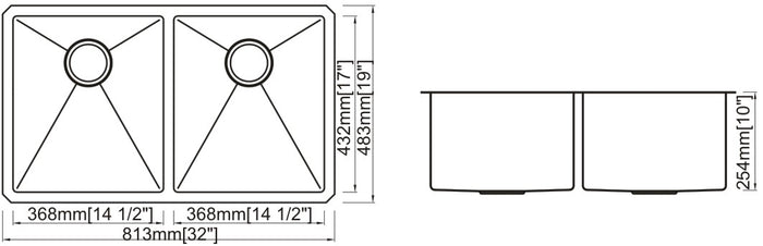 Double Handmade Sink 50/50 16G 32"x19"x10" with Grids and a Strainer R10mm