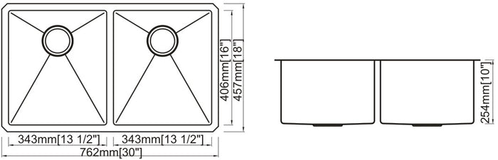 Double Handmade Sink 50/50 16G 30"x18"x10"  R10mm