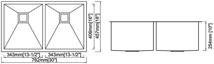 Double Handmade Sink 16G 30"x18"x10"  R0mm