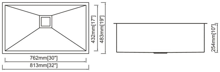 Single Handmade Sink 16G 32"x19"x10"  R0mm