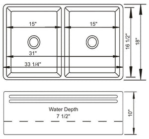 Double Porcelain Apron-Front Sink 33"x18"x10" Reversible