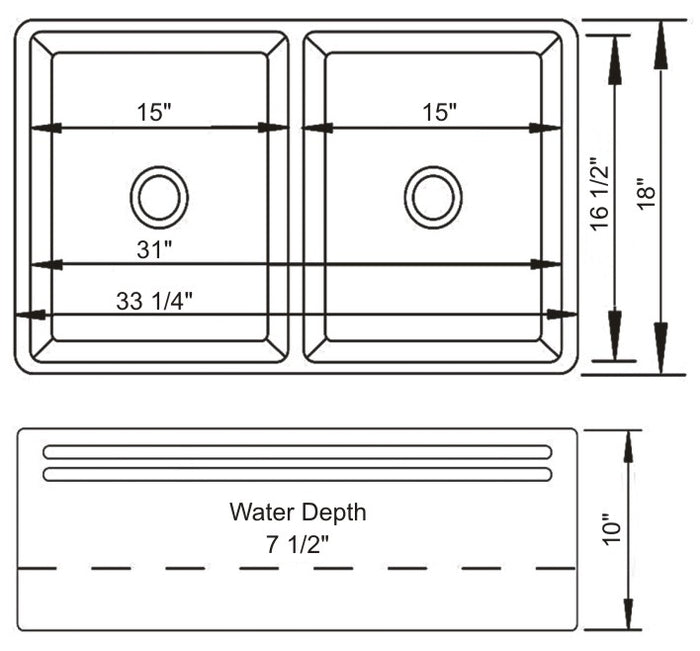 Double Porcelain Apron-Front Sink 33"x18"x10" Reversible