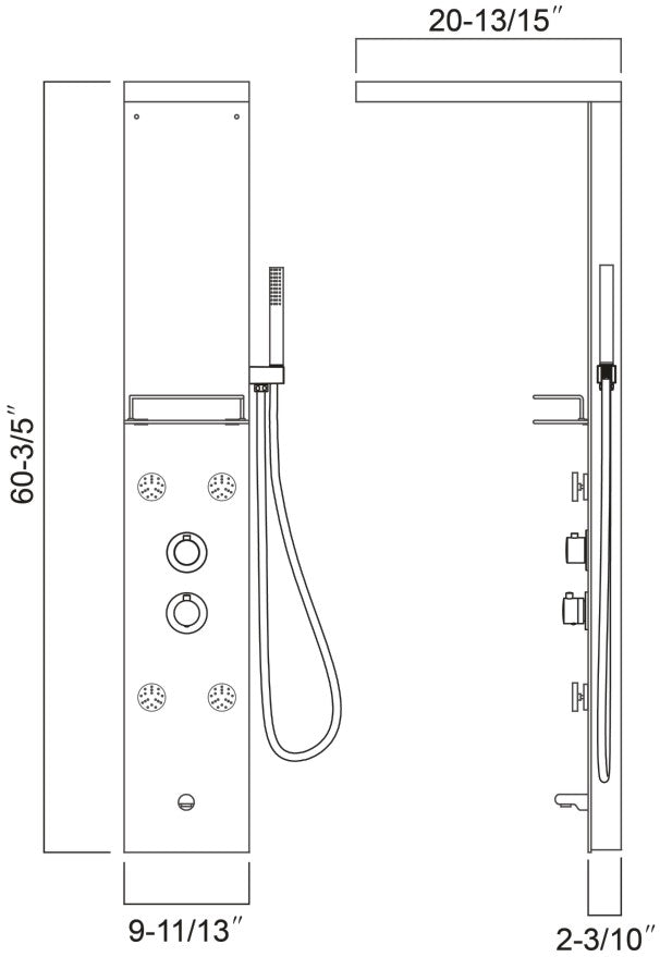 Shower panel with 4pcs massage jets 60 3/5"H x 9 11/13"W x 2 3/10"D