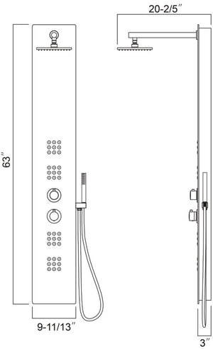 Shower panel with 2sets massage jets 63"H x 9 11/13"W x 3"D