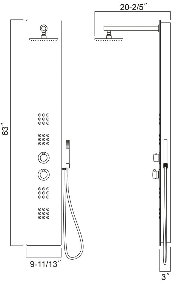 Shower panel with 2sets massage jets 63"H x 9 11/13"W x 3"D