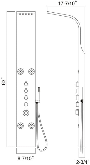 Shower panel with 4pcs ABS body jets 63"H x 8 7/10"W x 2 3/4"D