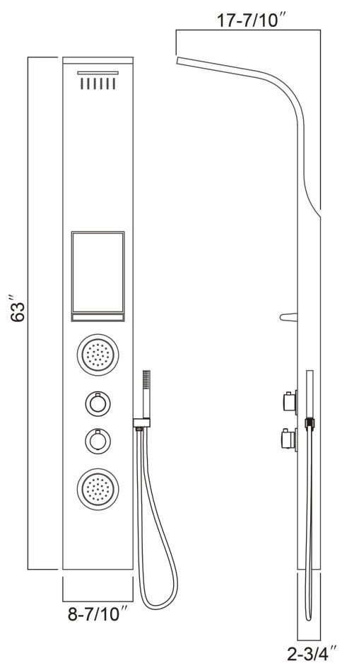 Shower panel with 2pcs movable ABS masssage jets 63"H x 8 7/10"W x 2 3/4"D