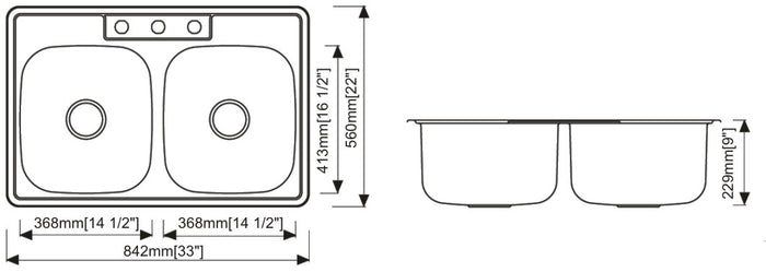 Double Top-Mount Sink 20G 33"x22"x9"