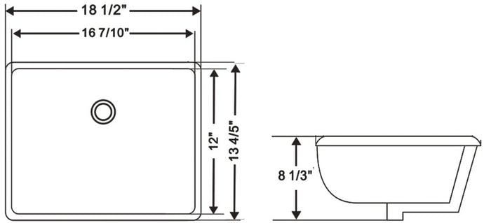 Ceramic square undermount sink 18 1/2"L x 13 4/5"W x 8 1/3"H