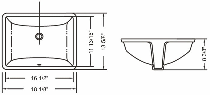 Ceramic square undermount sink 18 1/8"L x 13 5/8"W x 8 3/8"H